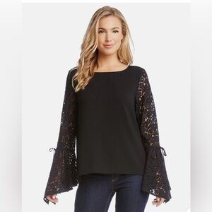 Karen Kane Black Tie Lace Bell Sleeve Crepe Top